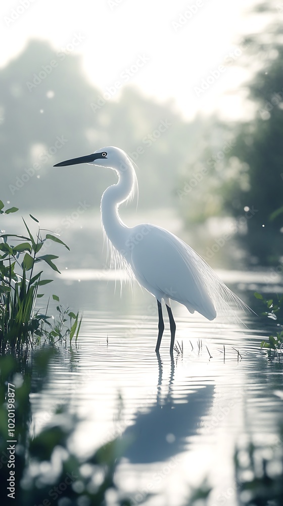 Naklejka premium A serene white heron stands gracefully in calm waters, surrounded by lush greenery.