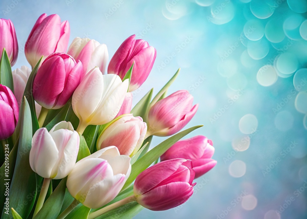 Pink and White Tulips on Light Blue Background - Elegant Floral Arrangement for Home Decor and Spring Celebrations Pink and White Tulips on Light Blue Background - Elegant Floral Arrangement for Home Decor and Spring Celebrations