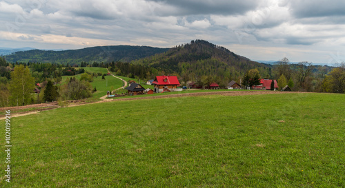 Velky Stozek, Kiczory and Maly Stozek from meadow bellow Cieslar hill summit in Beskid Slaski mountains on polish-czech borders photo