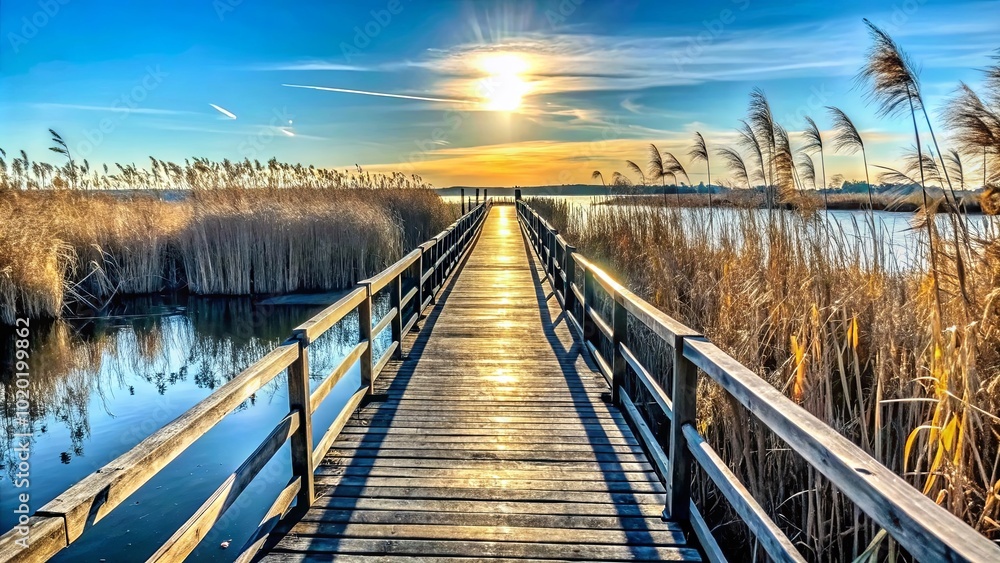 Golden Sunlight Bathes Wooden Bridge Leading Across Still Water, Surrounded by Tall Grass and a Vibrant Blue Sky Golden Sunlight Bathes Wooden Bridge Leading Across Still Water, Surrounded by Tall Grass and a Vibrant Blue Sky