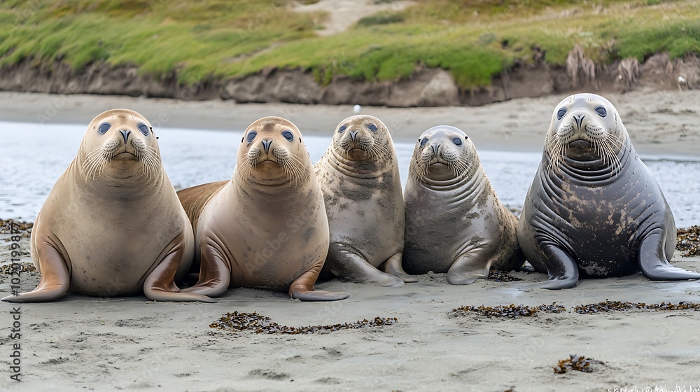 Fototapeta premium A group of five seals resting on a sandy beach by the water.