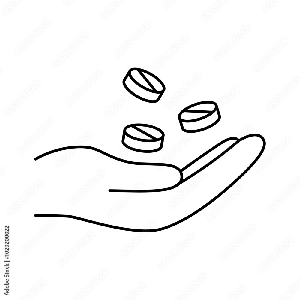 Hand holding pills icon, minimalist contour design, medical concept outline illustration Hand holding pills icon, minimalist contour design, medical concept outline illustration