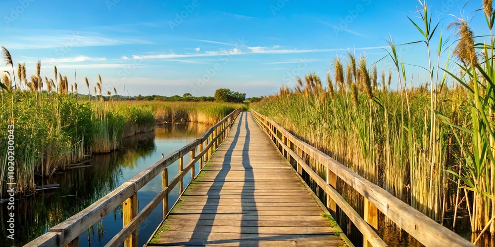 Fototapeta premium A wooden walkway through a tranquil marsh, surrounded by tall reeds and a serene blue sky