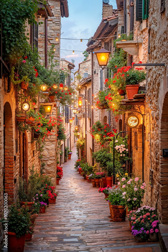 A narrow street lined with potted plants and flowers