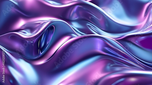 Abstract liquid metal, purple and blue background with wavy shapes