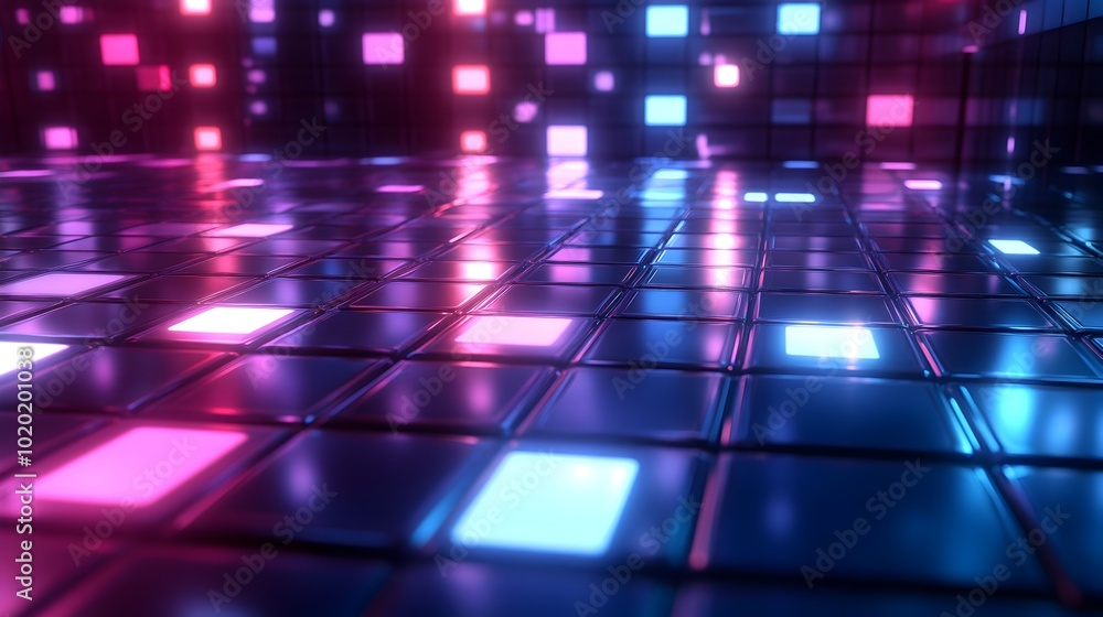 Obraz premium Glowing Cubic Grid Futuristic Neon Lighting Backdrop