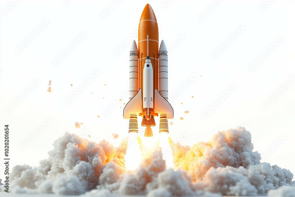 orange shiny rocket takes off from the spaceport, white background orange shiny rocket takes off from the spaceport, white background