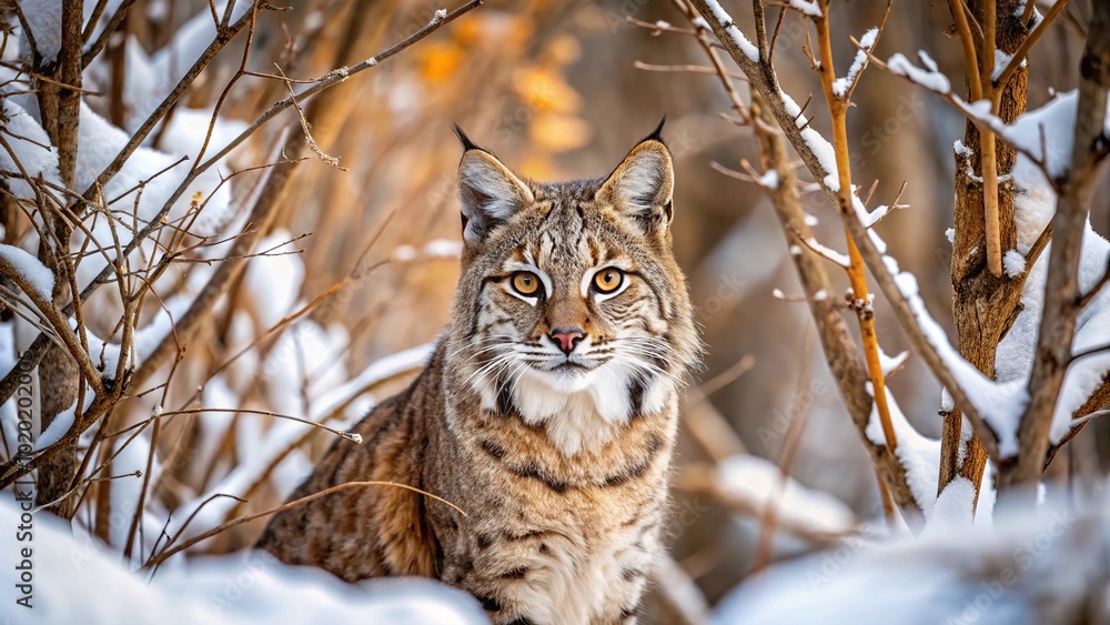 Bobcat hidden in winter landscape, looking out Bobcat hidden in winter landscape, looking out