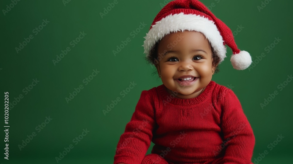 little afro american baby girl in red knitted suit and santa claus hat on green new year or christmas background, copy space little afro american baby girl in red knitted suit and santa claus hat on green new year or christmas background, copy space