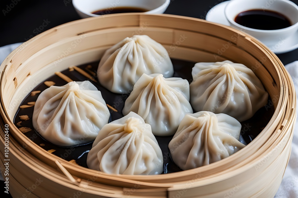 Steaming hot xiaolongbao soup dumplings in a bamboo basket, Ai Generated Steaming hot xiaolongbao soup dumplings in a bamboo basket, Ai Generated