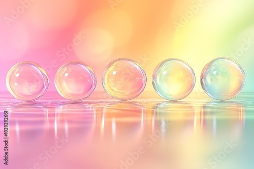 Transparent spheres on reflective surface with soft colorful lig photo