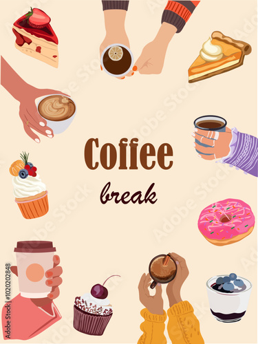 Colorful vector poster, card, invitation template with a variety of food items and a coffee cup. The poster is titled Coffee Break and features a group of people holding cups and eating pastries.