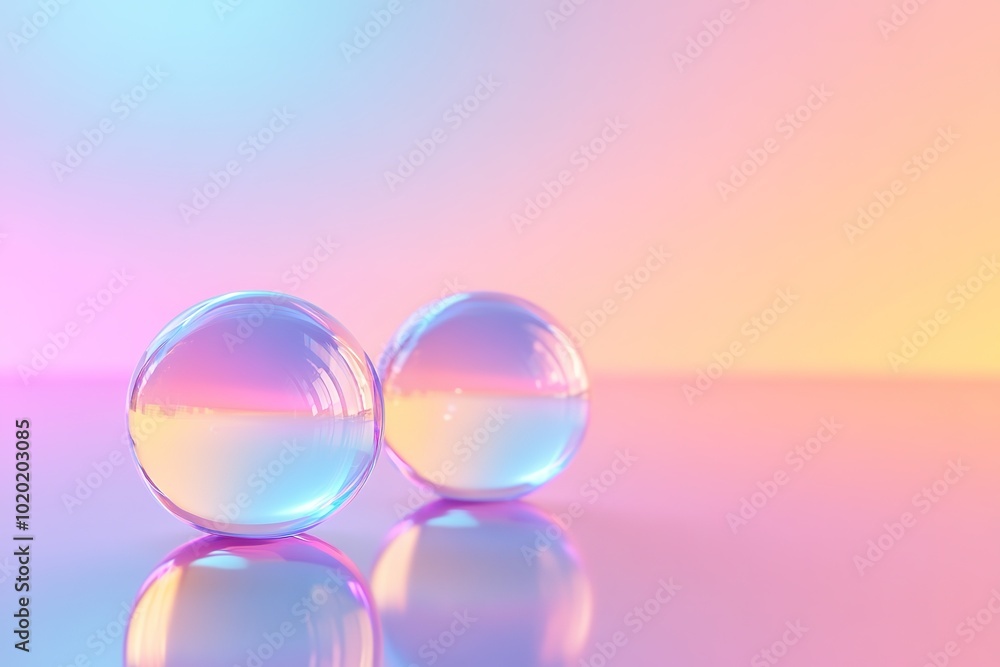 Two glass spheres on reflective surface with pink hues Two glass spheres on reflective surface with pink hues