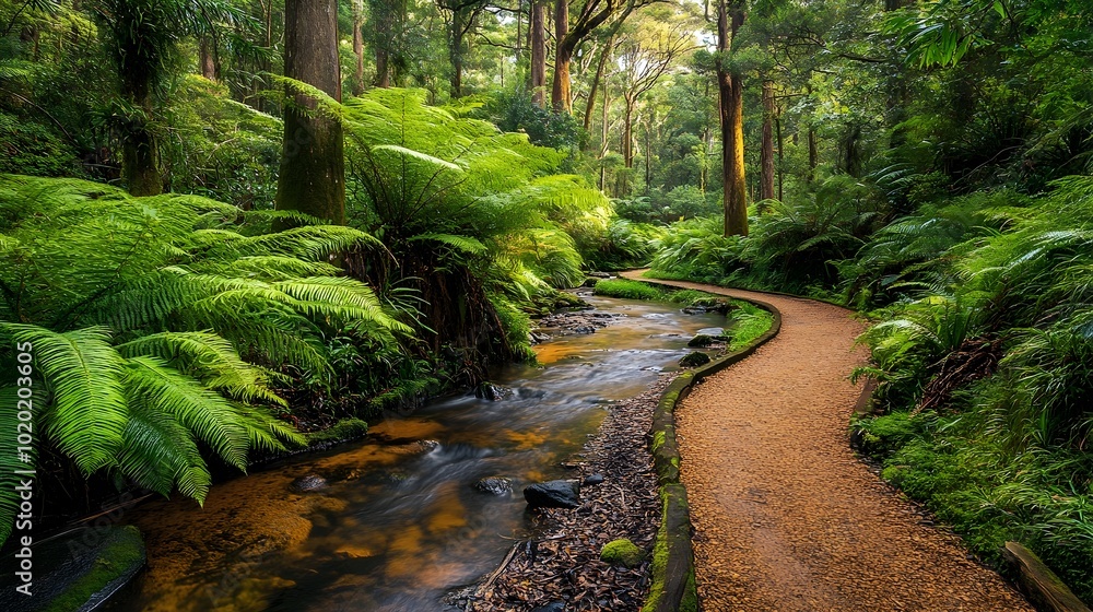 Winding Rainforest Trail Parallel to Flowing Forest Stream in Lush Green Wilderness Winding Rainforest Trail Parallel to Flowing Forest Stream in Lush Green Wilderness
