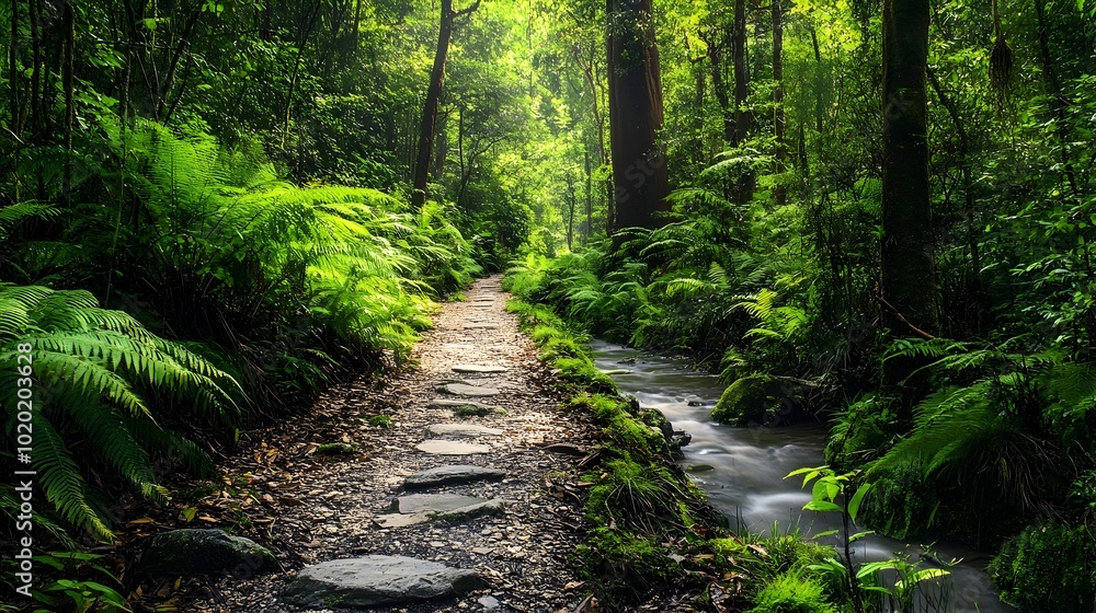 Enchanting Rainforest Path Paralleling Serene Stream in Wilderness Enchanting Rainforest Path Paralleling Serene Stream in Wilderness