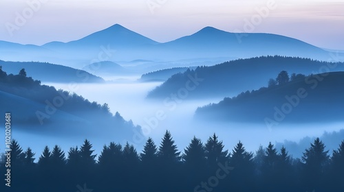 Mysterious Misty Mountain Landscape with Layered Peaks and Evergreen Forests at Dusk or Dawn