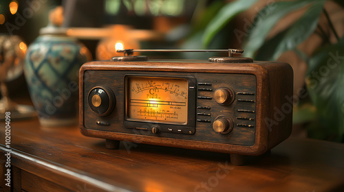 A vintage radio with a glowing dial emitting static. 