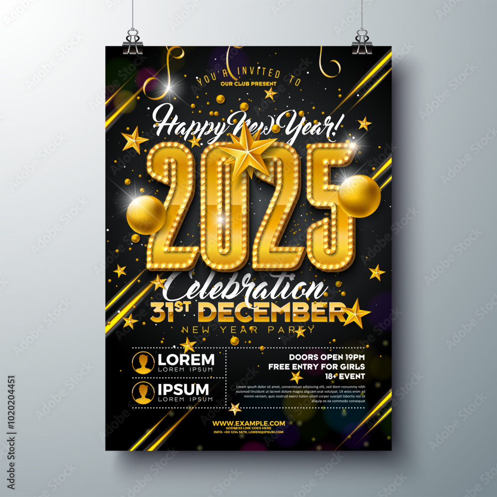 Fotografia Happy New Year 2025 Party Celebration Poster Template Illustration with Glowing Light Bulb Billboard Number on Black Background