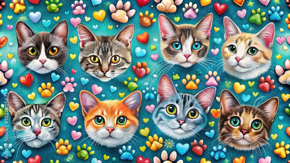 Seamless Cat Paw Print Pattern with Hearts and Cats for Pet Lovers and Home Decor Seamless Cat Paw Print Pattern with Hearts and Cats for Pet Lovers and Home Decor