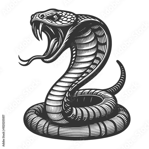 cobra snake in a menacing striking pose, rendered with fine engraving detail sketch engraving generative ai vector illustration. Scratch board imitation. Black and white image.
