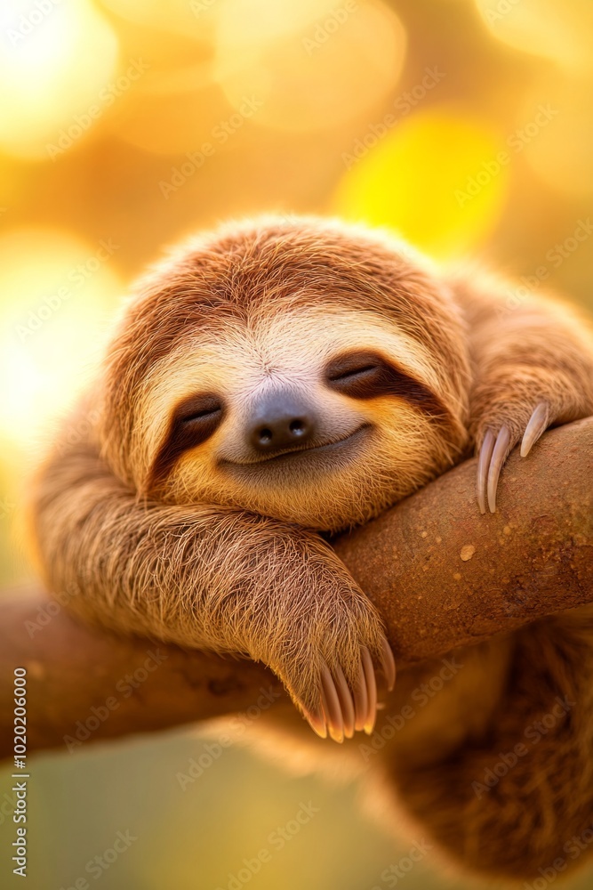 Fototapeta premium A content sloth peacefully resting on a tree branch, bathed in the warm glow of golden sunlight
