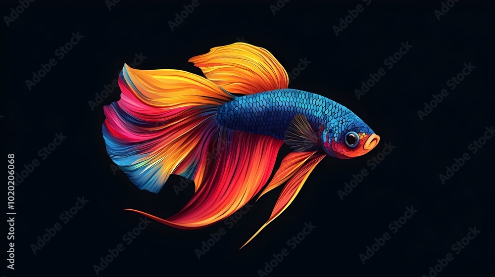 Vibrant Betta Fish Swimming Underwater With Colorful Fins On Black Background Vibrant Betta Fish Swimming Underwater With Colorful Fins On Black Background