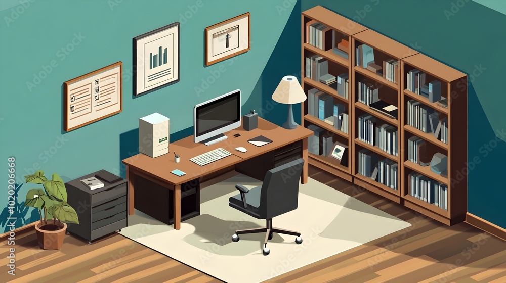 Minimalist Modern Isometric Home Office Space with Bookshelf and Computer Minimalist Modern Isometric Home Office Space with Bookshelf and Computer