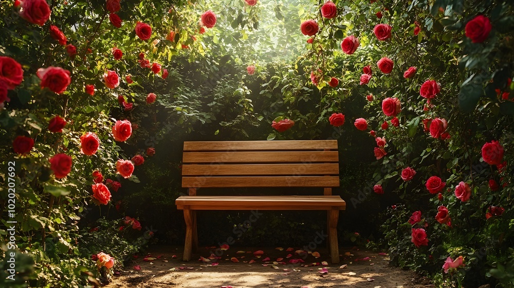 Wooden Bench Surrounded by Blooming Rose Garden in Tranquil Outdoor Setting Wooden Bench Surrounded by Blooming Rose Garden in Tranquil Outdoor Setting