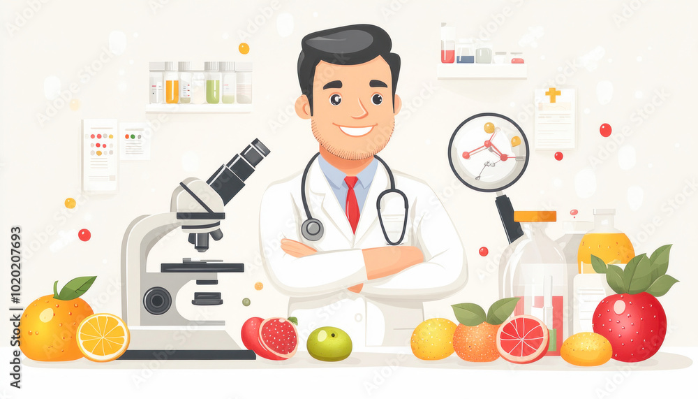 Doctor smiling with crossed arms in laboratory with fruits and microscope Doctor smiling with crossed arms in laboratory with fruits and microscope