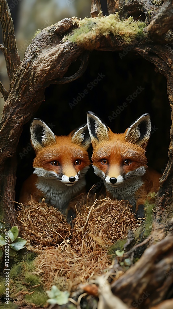 Fototapeta premium Two lifelike fox figurines nestled in a natural setting.