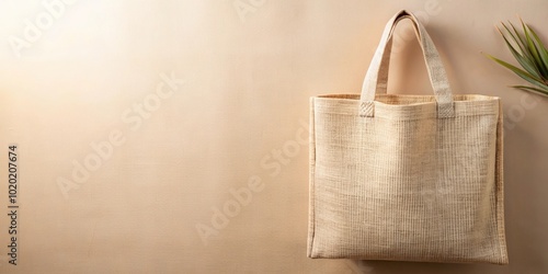 Boho chic eco bag mockup with depth of field effect on beige linen background photo