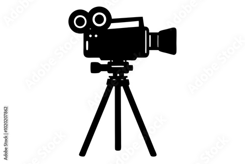 Film video camera with tripod | vector silhouette illustration on white background