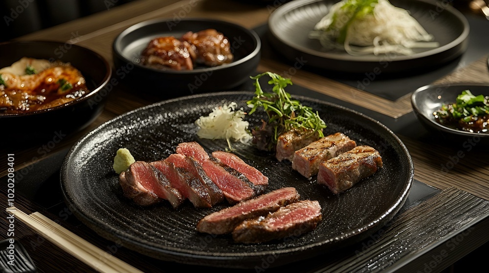 Exquisite Filet Mignon Steak Served on Dark Ceramic Plate in Upscale Restaurant Setting. Exquisite Filet Mignon Steak Served on Dark Ceramic Plate in Upscale Restaurant Setting.