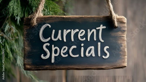  Vintage Chalkboard Sign Displaying ‘Current Specials’ Hanging on Wooden Wall with Green Foliage.