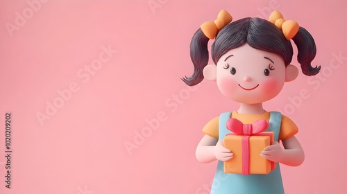 Cheerful Clay Figure Holding Wrapped Gift on Pink Background