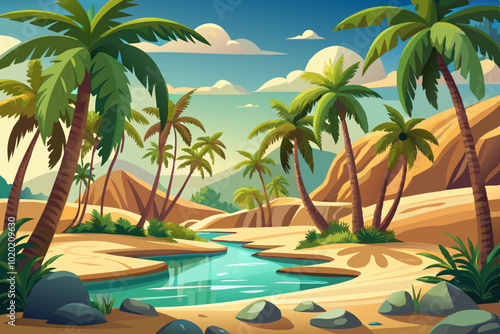 tropical oasis vector with lush palm trees on sandy dune illustration cartoon, desert landscape