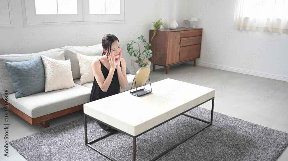 頬の乾燥やスキンケアやニキビを気にする美しい肌に触れる女性の広角の動画