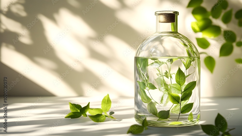 Transparent Glass Bottle with Decorative Leaf Arrangement Showcased as Nature Inspired Product