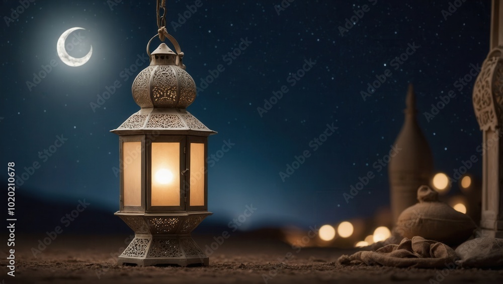 Composite image of lanterns in a desert setting with stars and minaret silhouette Composite image of lanterns in a desert setting with stars and minaret silhouette