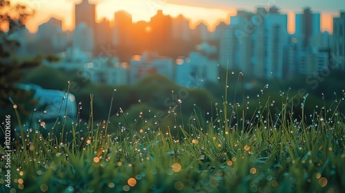 Dewdrops on Grass Blades with Blurred Cityscape Background