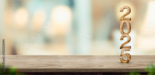 Canvas Print Happy new year 2025 on marble table with pale soft bokeh wall,banner for display