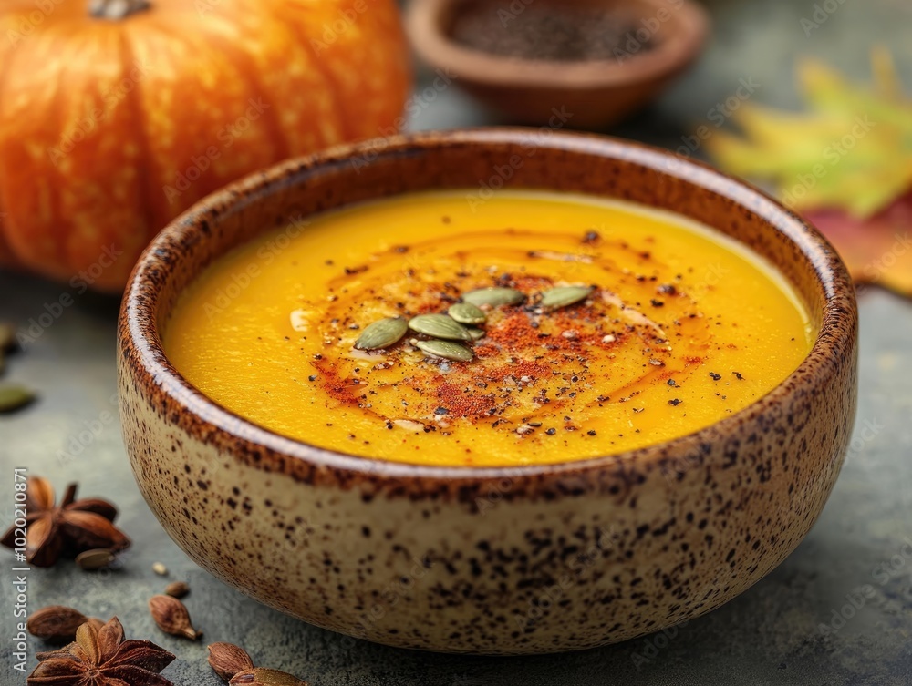 Fototapeta premium Pumpkin Soup in Ceramic Bowl with Seeds and Spices