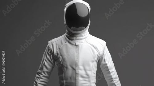 A man in a white space suit is standing in front of a grey background