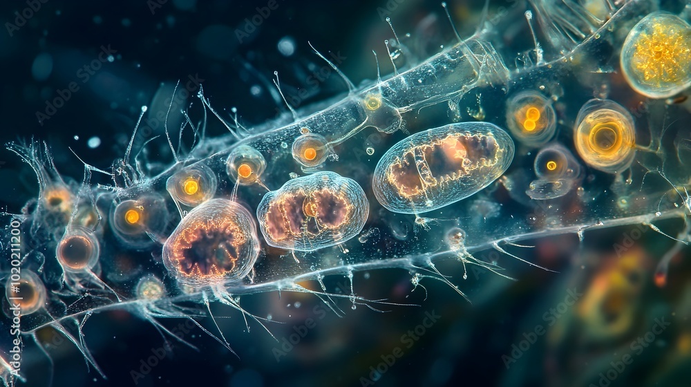 Electron microscopic view of detailed cellular structure of plankton at 100x magnification Electron microscopic view of detailed cellular structure of plankton at 100x magnification