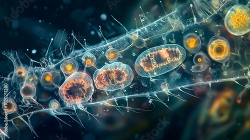 Electron microscopic view of detailed cellular structure of plankton at 100x magnification photo