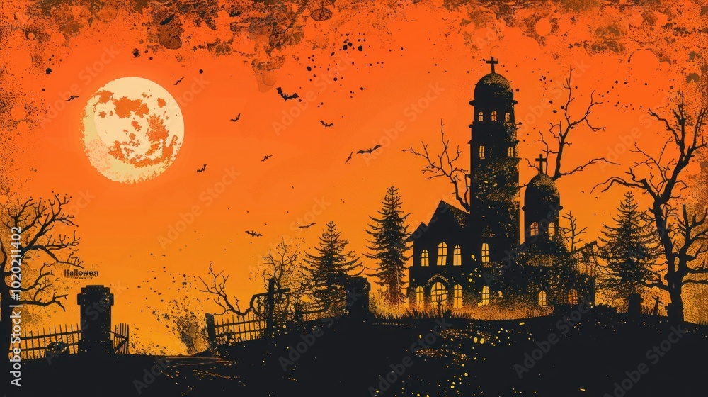 Haunting silhouette of an abandoned church under a glowing orange moon on a spooky evening. Generative AI Haunting silhouette of an abandoned church under a glowing orange moon on a spooky evening. Generative AI
