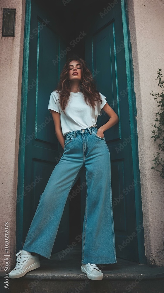 Fototapeta premium Anonymous Urban Fashion Model in White Tee and Blue Jeans Sitting in Sunlit Minimalist Space.