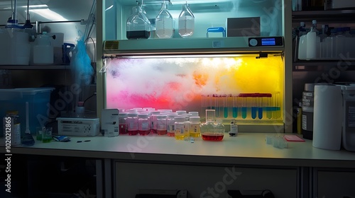 72. A fume hood surrounded by colorful reagents and materials