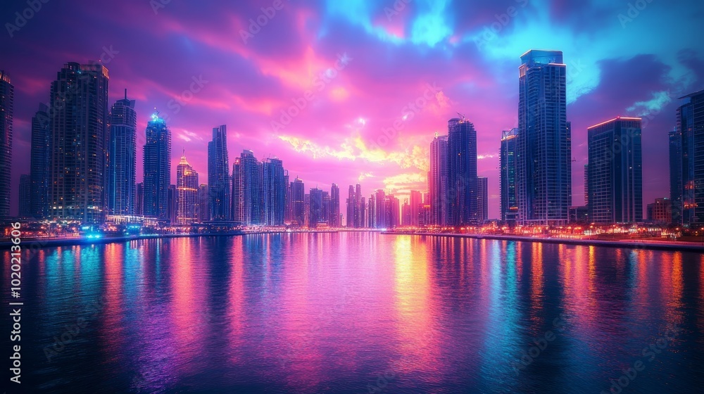 A panoramic view of a modern city skyline at sunset, with a colorful sky reflected in the water. A panoramic view of a modern city skyline at sunset, with a colorful sky reflected in the water.