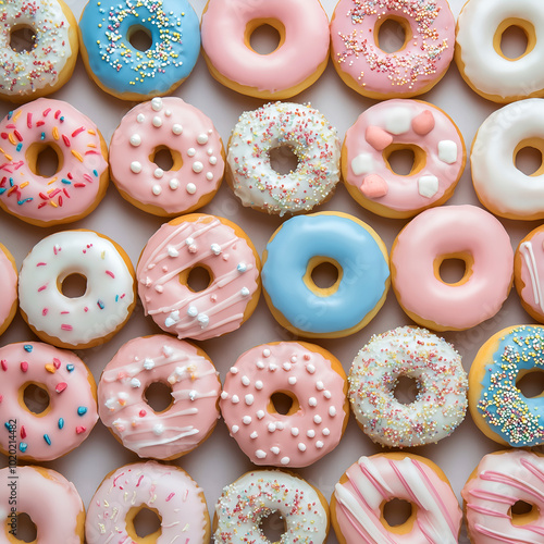 Lots of Fresh donut cookies delicate pastel colors. Donuts with different flavors, white background. Bakery with fresh baked goods. High quality photo